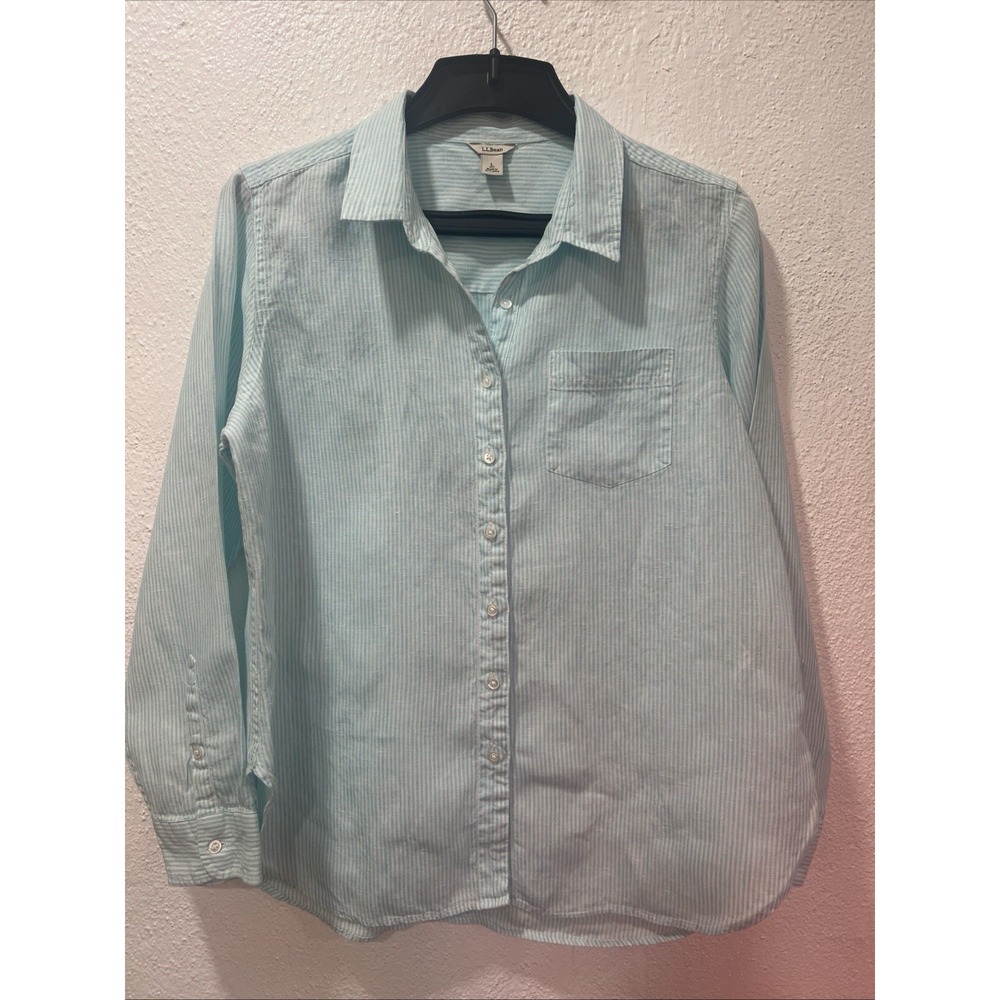 L.L. Bean Womens Tunic Top Size L Blue Striped Collared Button Up 100% Linen